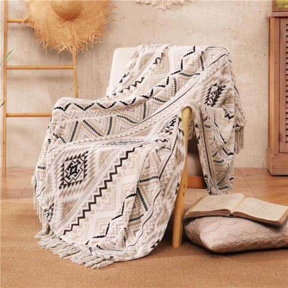Boho Throw Blanket - Beige and Gray Decorative Blankets with Tassel - Picture 2 of 8